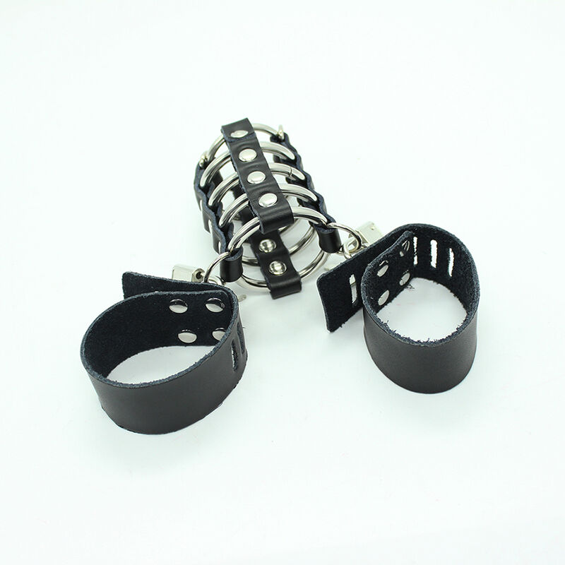 Ohmama Fetish Leather Strap Metal Ring Cock Cage With Ball Divider--