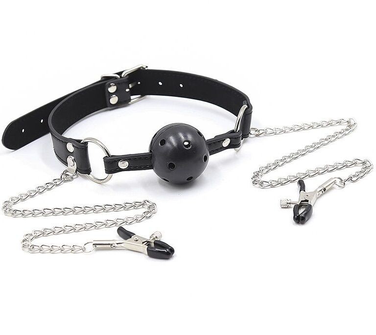 Ohmama Fetish Breatherable Ball Gag With Nipple Clamps--