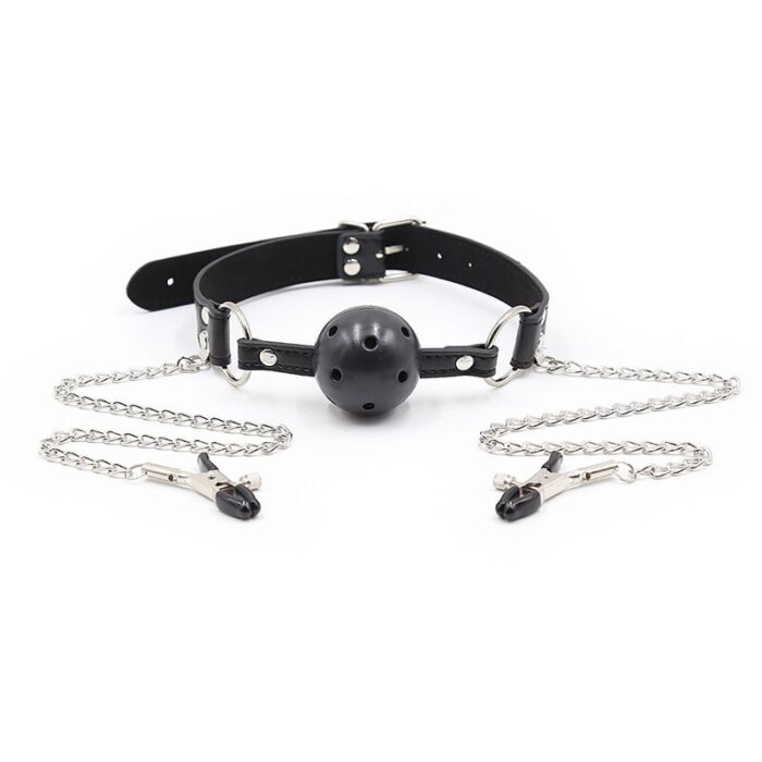 Ohmama Fetish Breatherable Ball Gag With Nipple Clamps--